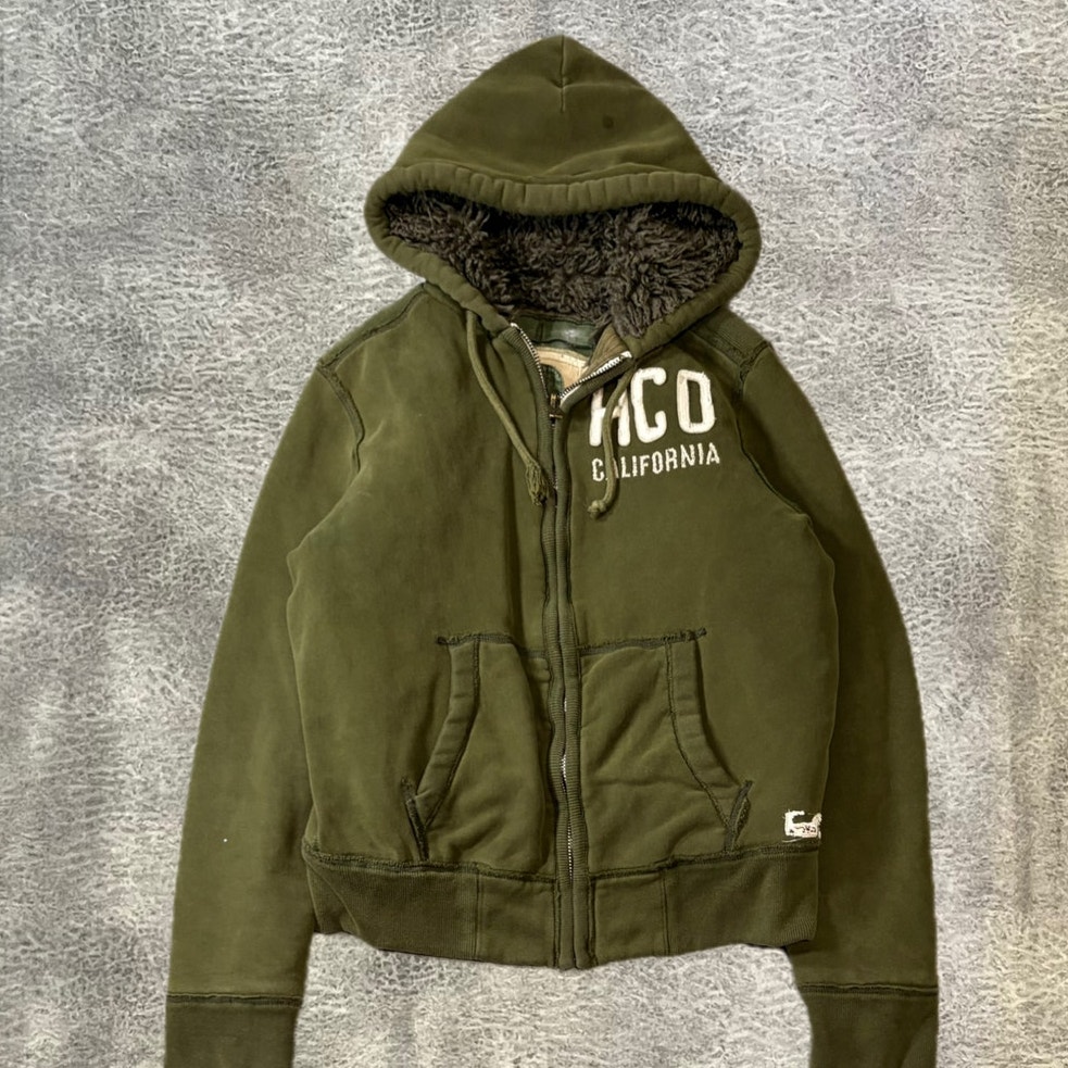 Hollister Olive Fur Hood Embroidered Hoodie